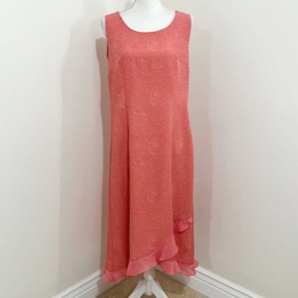 Miss Dorby Vintage Sleeves Floral Midi Shift Dress Coral Color w/ Ruffle Size 12